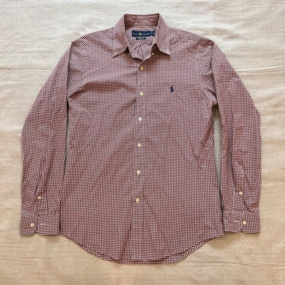 Ralph Lauren Dress Shirt Button-Down Maroon Plaid Custom Fit 100% Cotton Men’s S